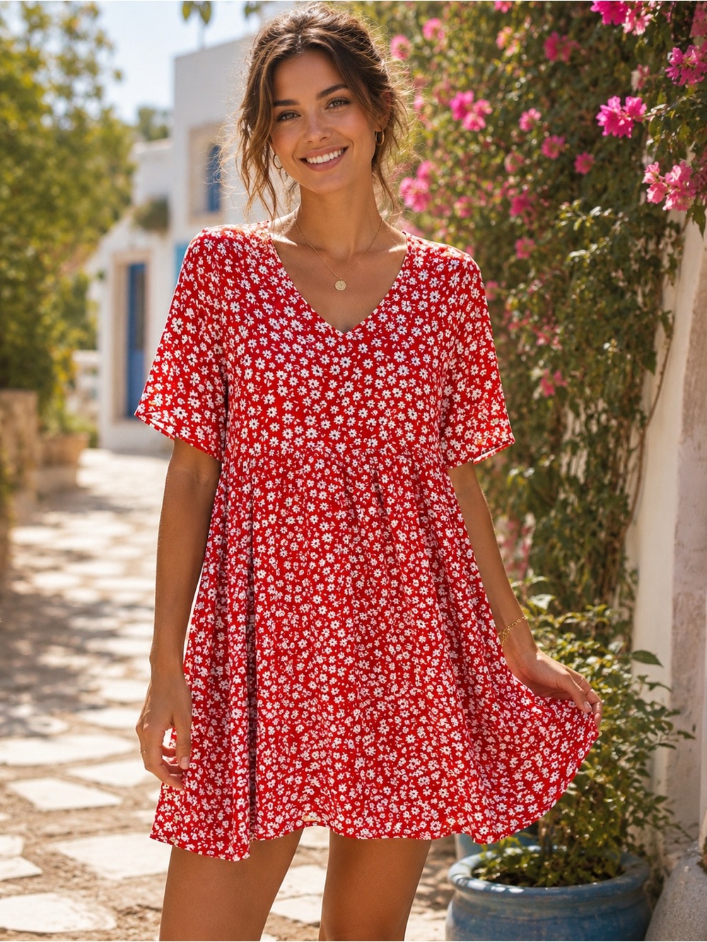 12B. Red Floral V-Neck Mini Dress